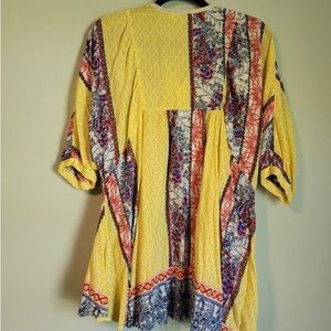 Umgee Boho Mixed Print Lace Babydoll Tunic Dress Top Yellow Women's L K2002